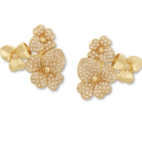NWB Women’s KATE SPADE Precious Pansy floral gold pavé stud earrings - Picture 4 of 8
